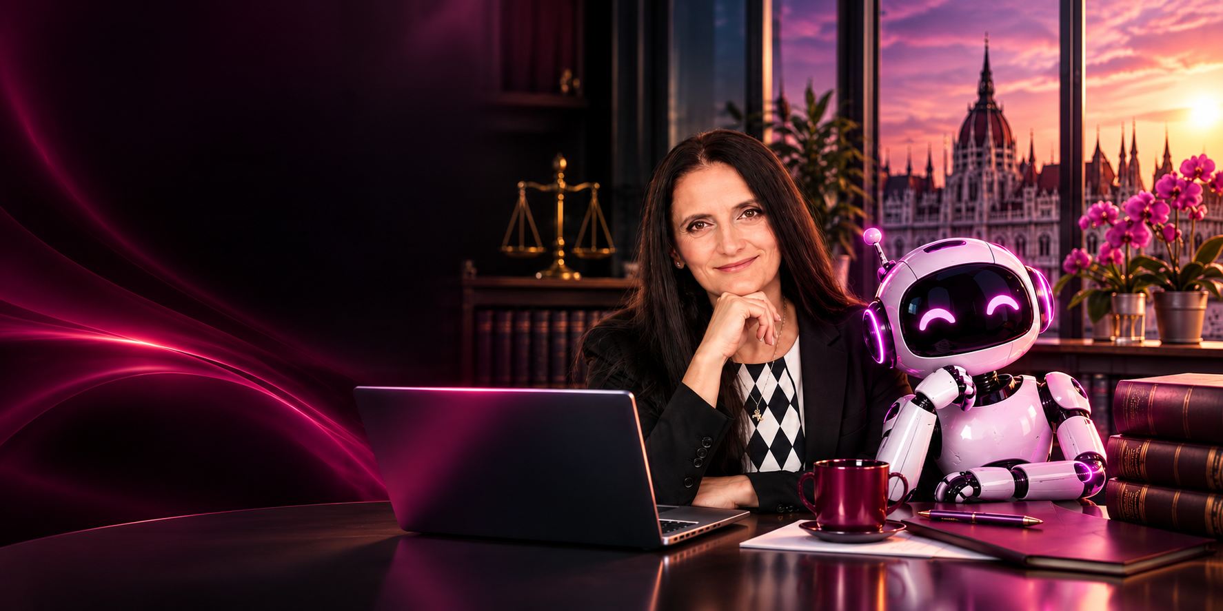 Dr. Nagy Zsuzsanna ügyvéd az irodájában, mellette az iroda AI robotja